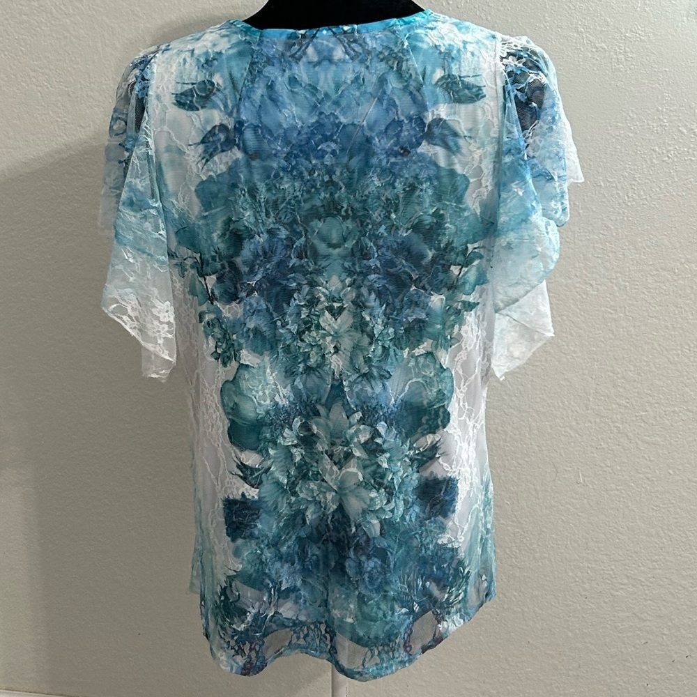 Roz & Ali Blue Floral Lace Blouse - Picture 3 of 9